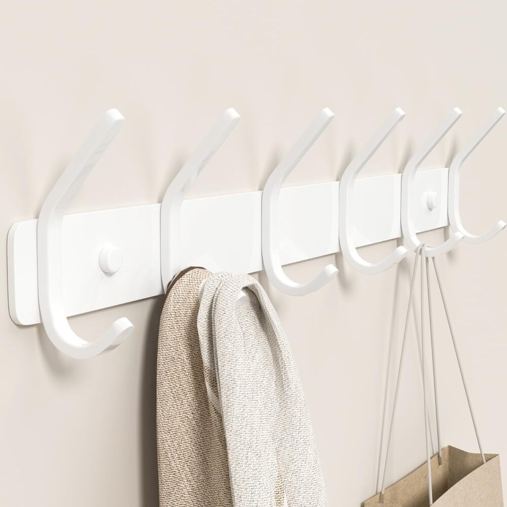 Coat Rack Wall Mount Hooks - 15 Inch Matte White Metal 6-Hook Organizer